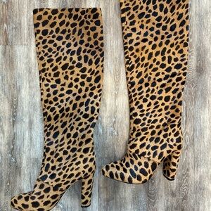 ANTONIO MELANI Animal Print Heeled Boots Leather Pony Hair Knee High Sz 6.5